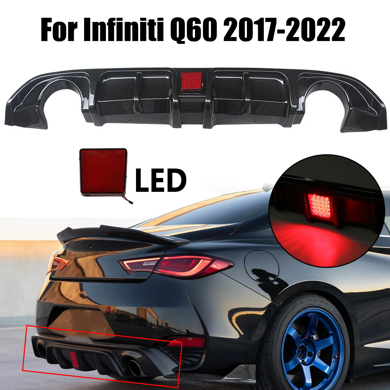 Carbon Style Rear Bumper Diffuser Lip For Infiniti Q60 2017-2022 W/LED Light Carbon Style Rear Bumper Diffuser Lip For Infiniti Q60 2017-2022 W/LED Light
