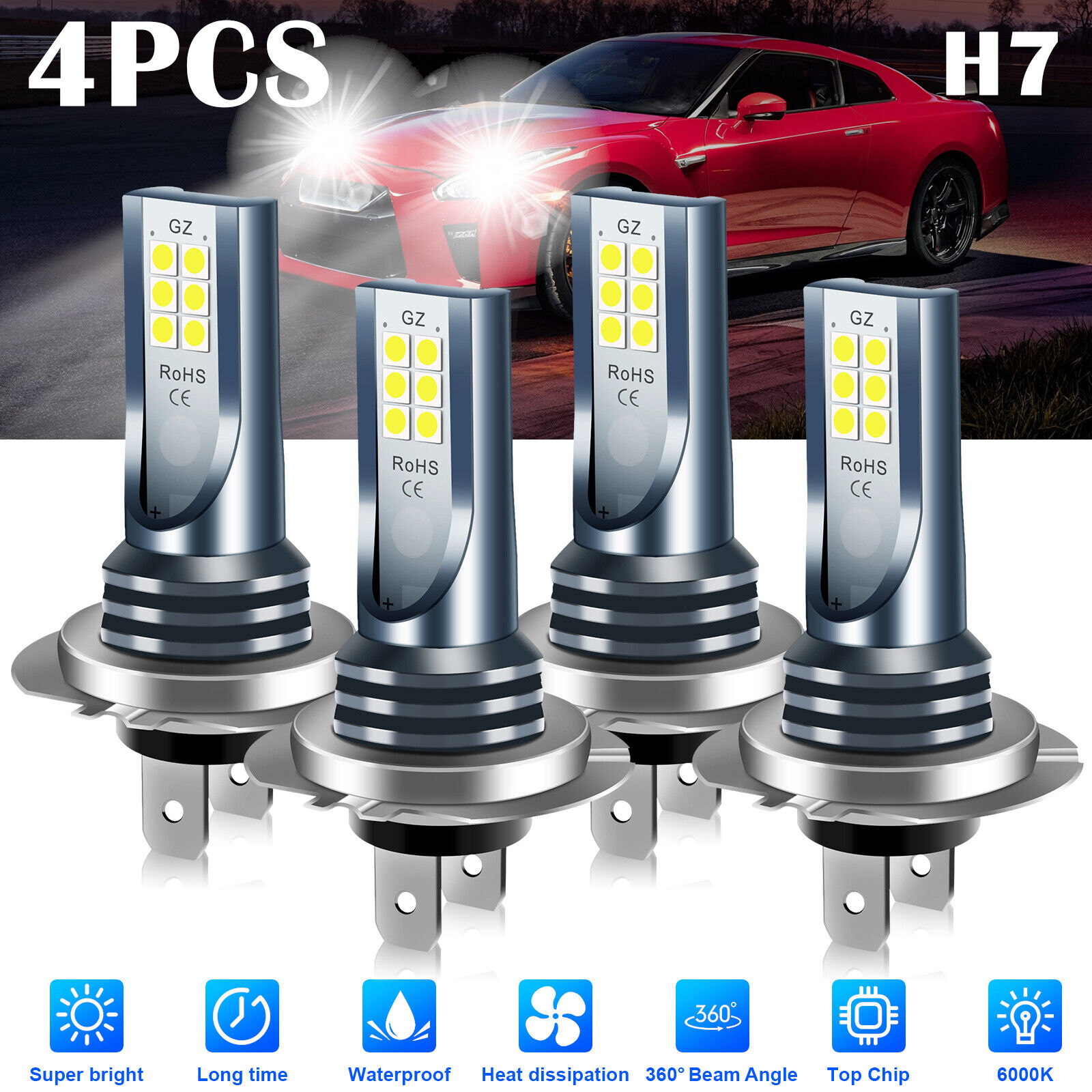 4x H7 LED Headlight Bulb Kit High Low Beam 220W 60000LM Super Bright 6000K White