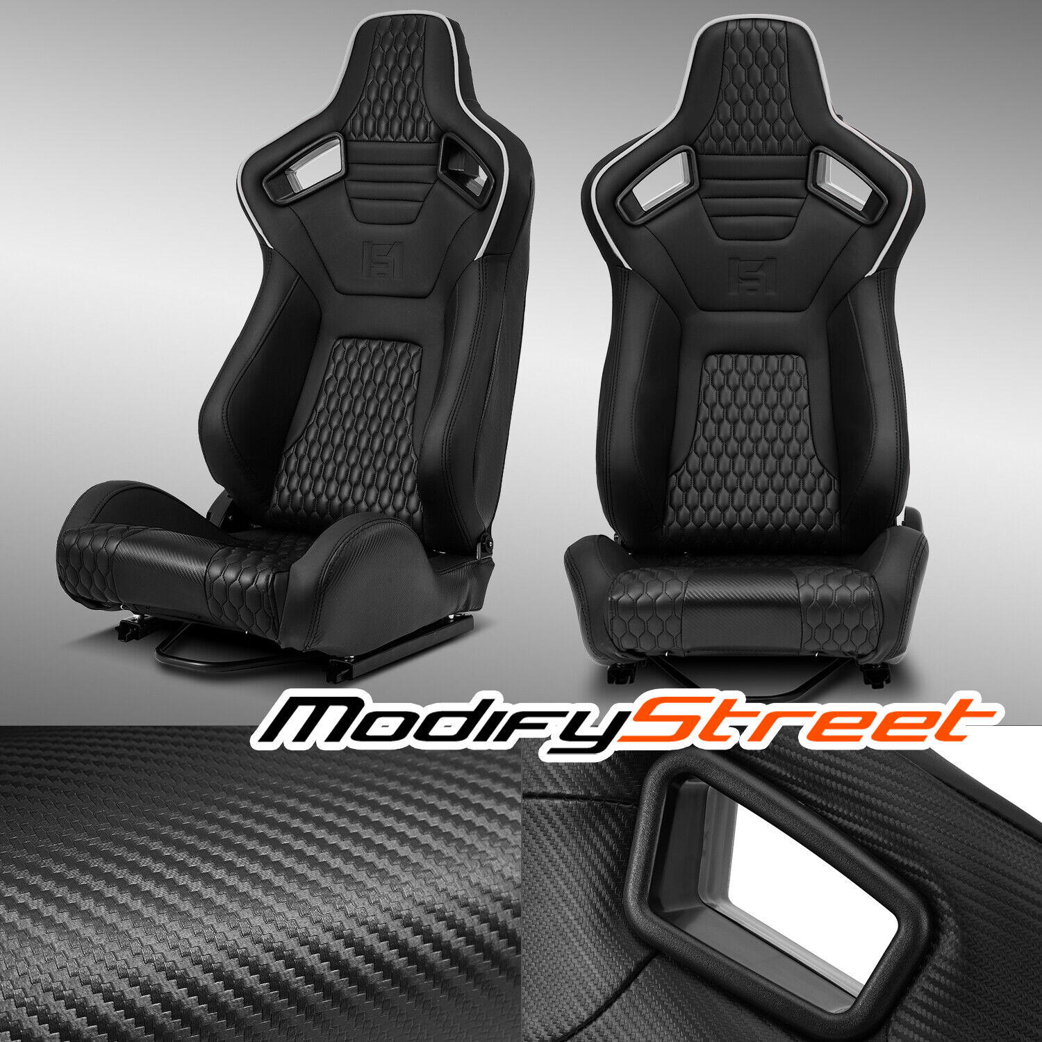 Pair of White+Black PVC Carbon Fiber Reclinable Leather Racing Seats W/Silders