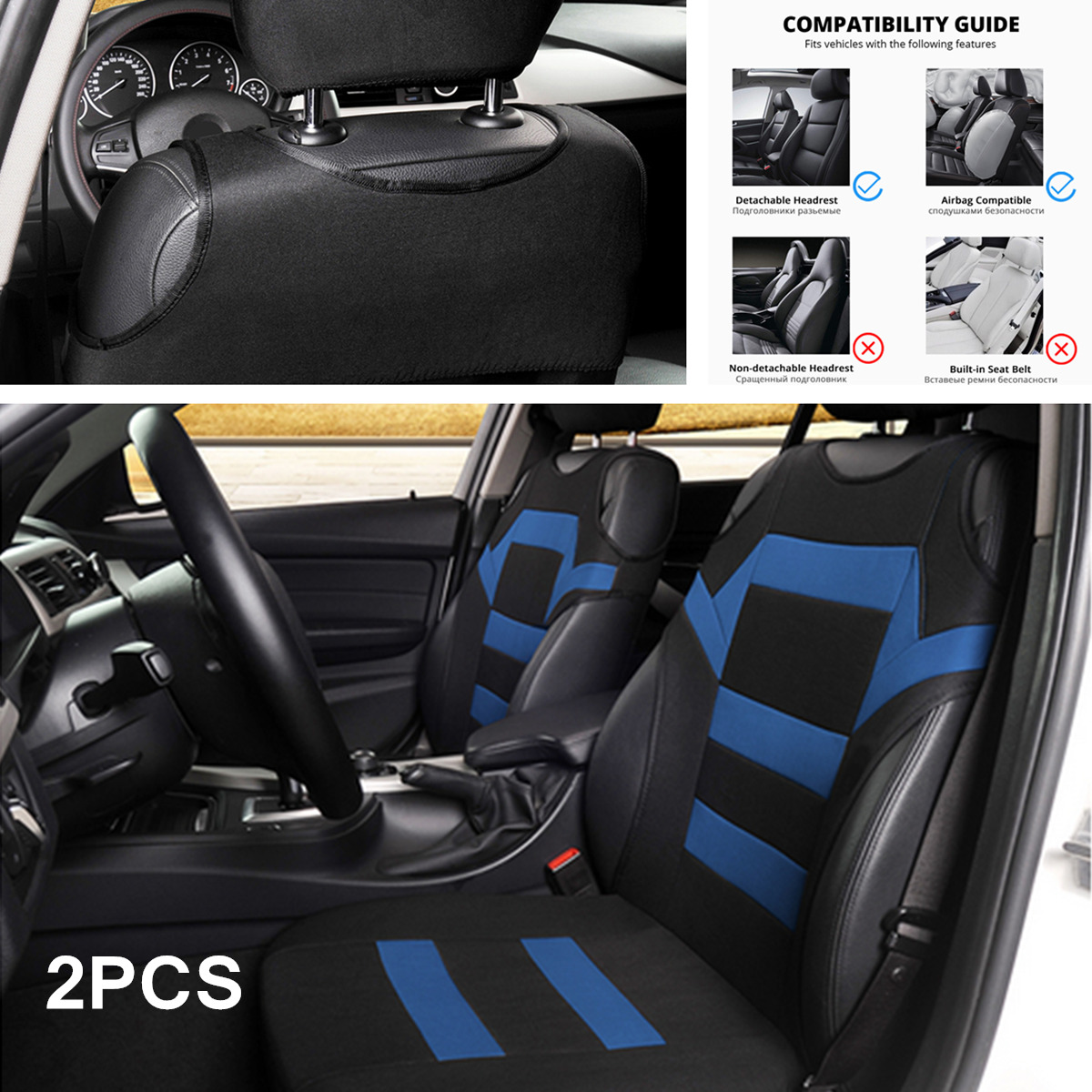 2x Car Front Seat Cover Universal Protector Car Accessories Interior Black/Blue