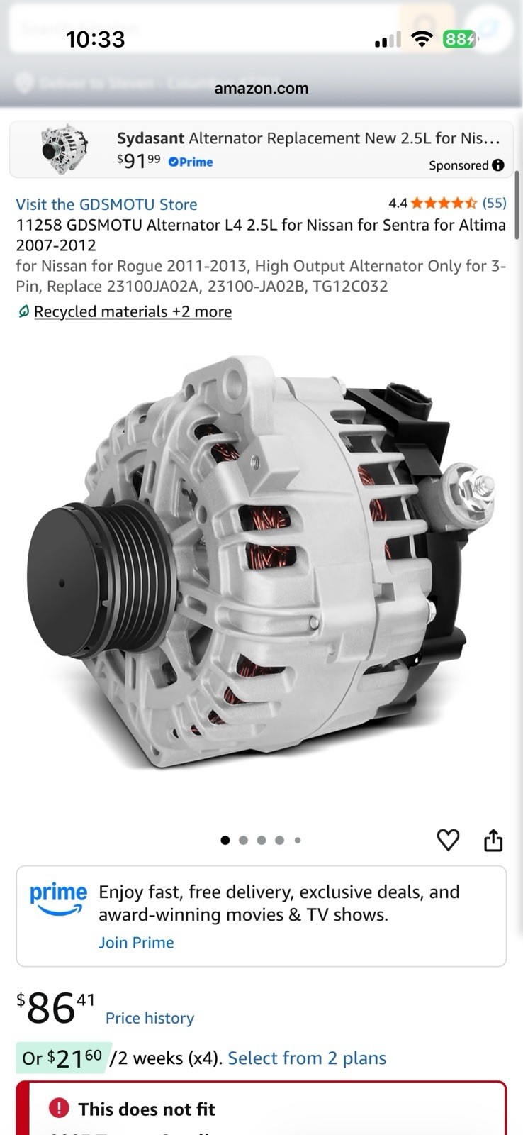 Nissan Alternator Sentra Altima Rogue 2.5L High Output 3-Pin 2007-13 23100JA02A