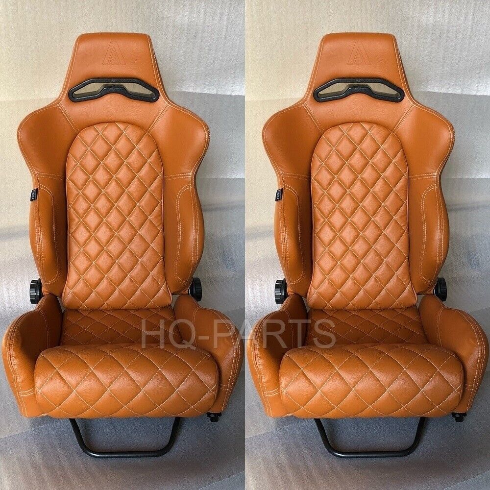 2 X TANAKA TAN PVC LEATHER RACING SEATS RECLINABLE + DIAMOND STITCH FITS BMW