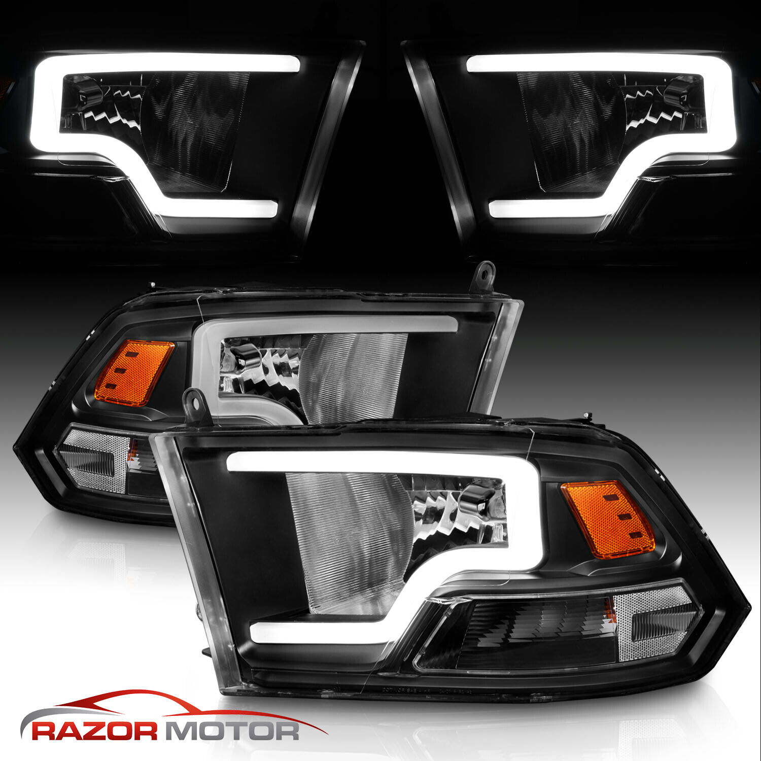 For 2009-2018 Dodge Ram 1500 2500 3500 Black LED Bar Plank style Headlights pair
