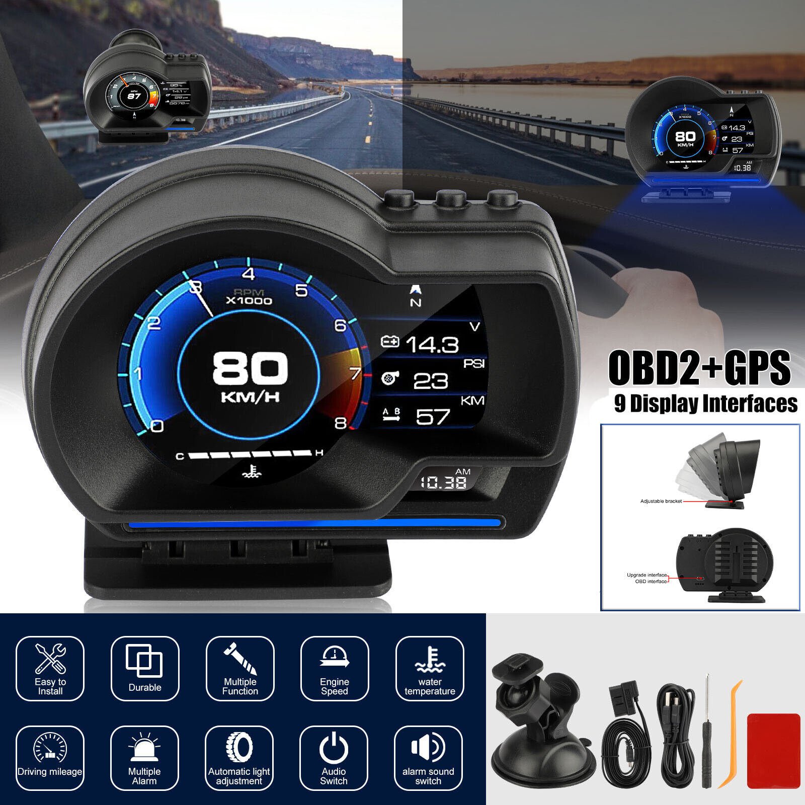 HUD OBD2+GPS Gauge Head Up Car Digital Display Speedometer RPM Alarm Temperature