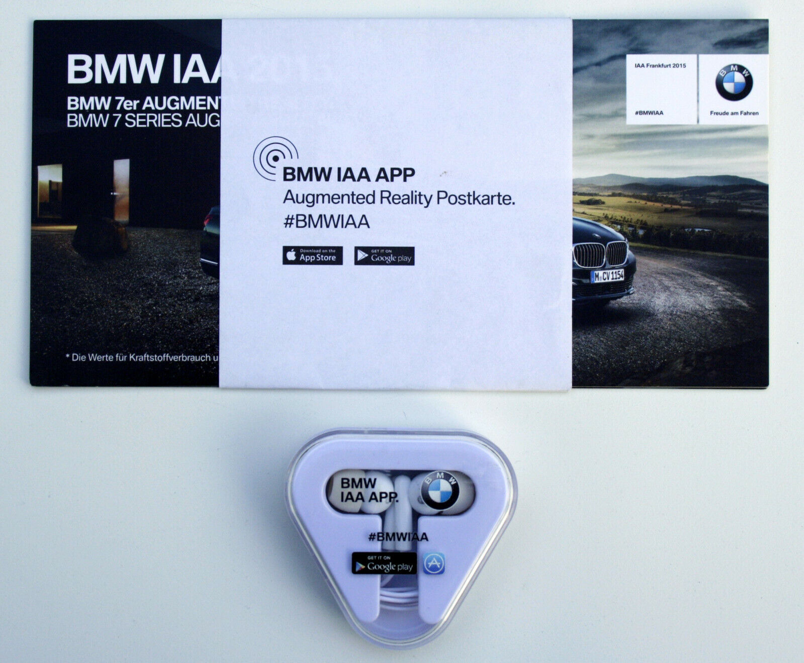 BMW - Earphones +3 Postcards 7er G11,X5 F15,i8 Coupé I12 Iaa Frankfurt 2015