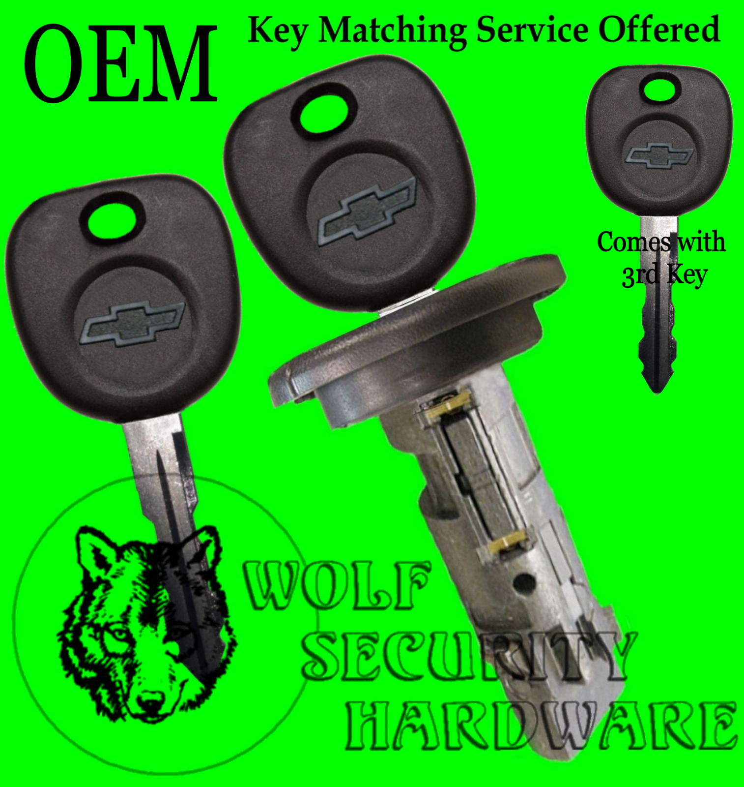 Chevy OEM Ignition Key Switch Lock Cylinder Tumbler Barrel 3 Chevy Logo Keys 