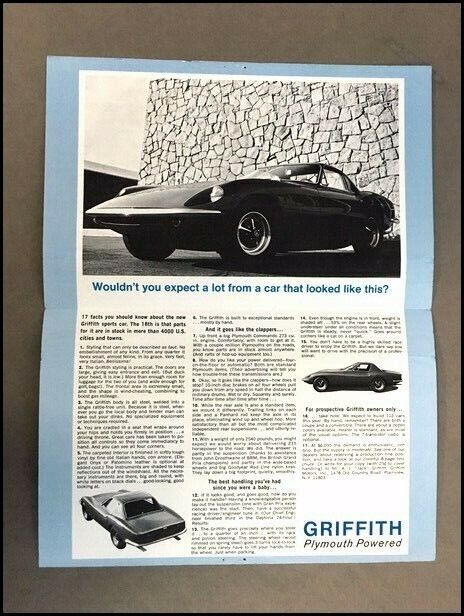 1966 Griffith Plymouth TVR Italia Vintage Car Sales Brochure Folder
