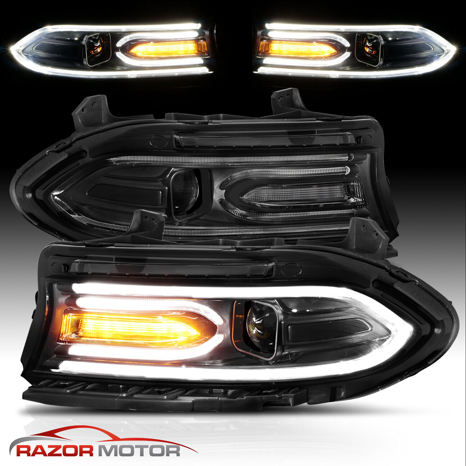 For 2015-2021 Dodge Charger Dual LED DRL Square Beam Projector Headlights Pair