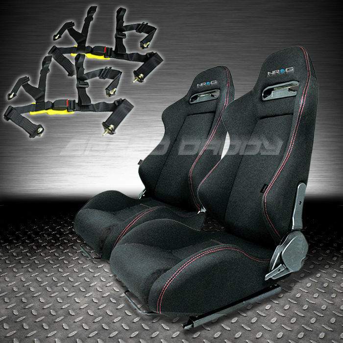 NRG 2X TYPE-R FULLY RECLINABLE BLACK RACING SEAT/SEATS+SLIDERS+4PT HARNESS BELT