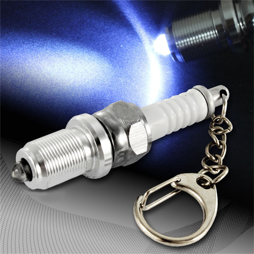 Fashion White LED Car Keyring Spark Plug Key Chain Keychain Parts Accessories