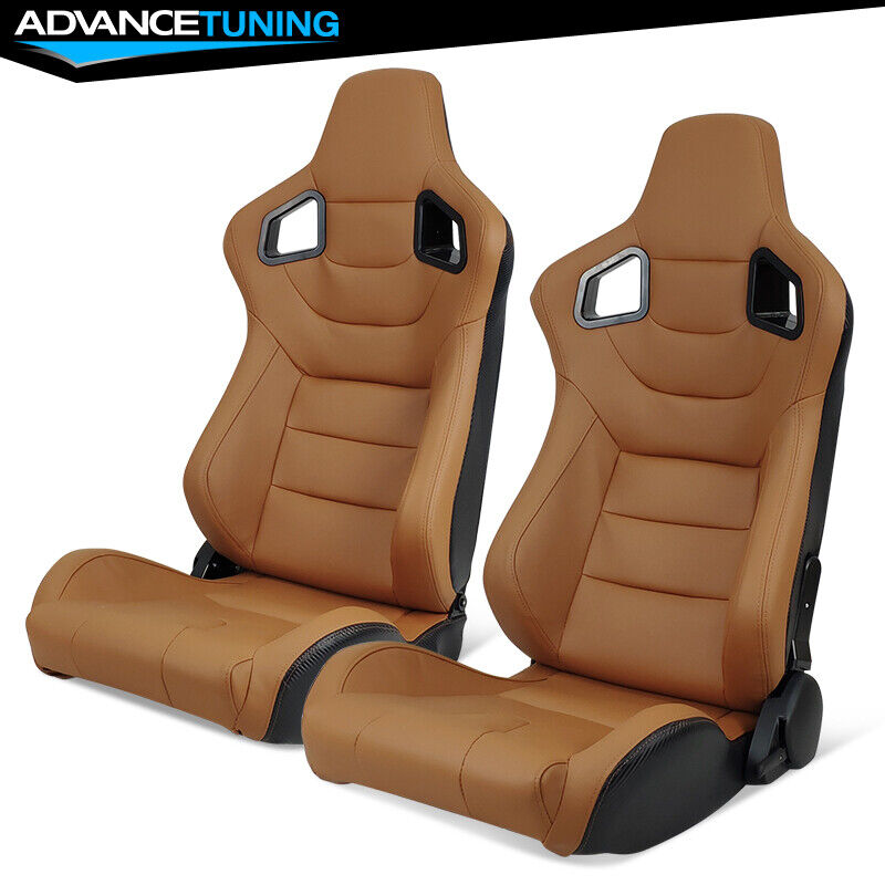 Reclinable Pair Racing Seats Dual Sliders Brown PU Carbon Leather