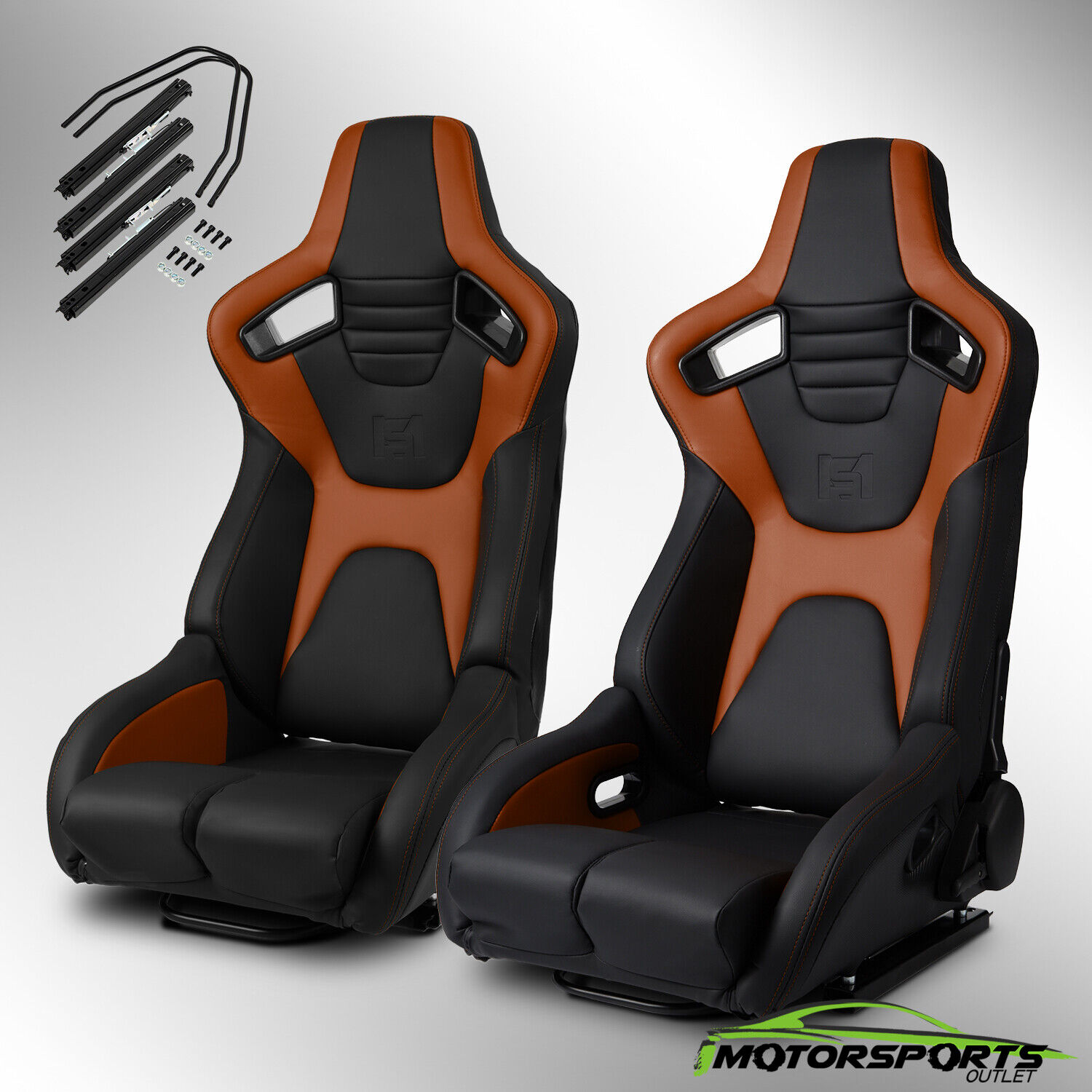 Universal PVC Reclinable Black+Brown Sport Racing Seats Pair With Slider
