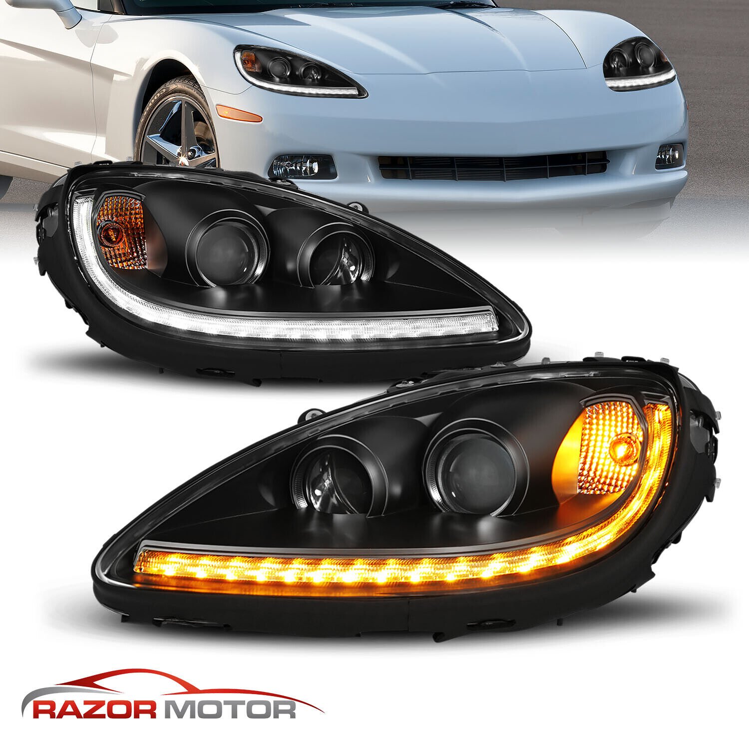 2005 - 2013 LED DRL Switchback For Chevy Corvette Black Projector Headlights
