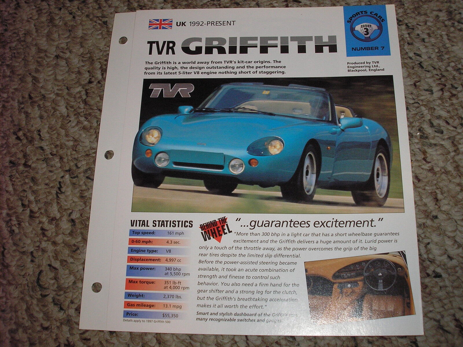 UK 1992-Present TVR Griffith Hot Cars Sports Cars Group 3 #7 Spec Sheet Brochure