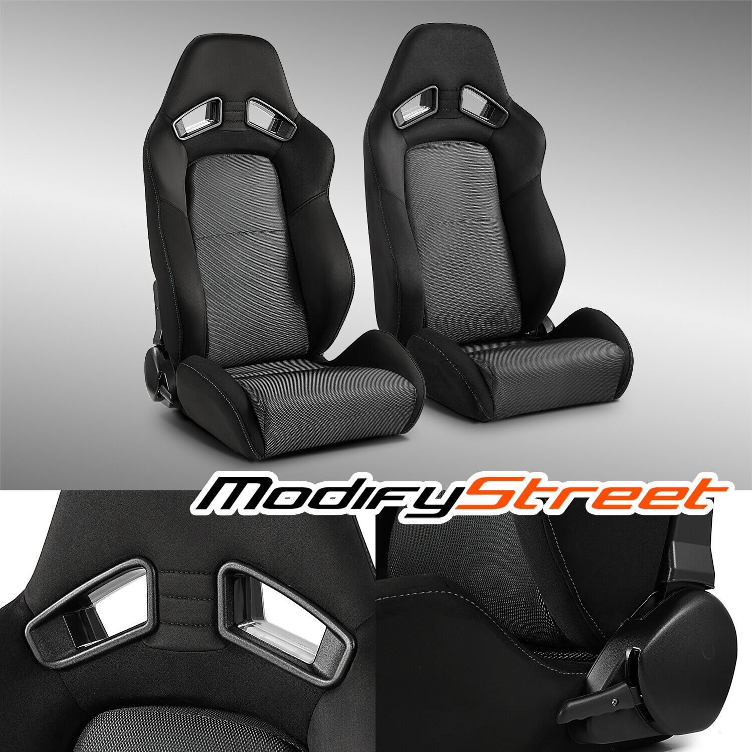 2 x Universal Black+Grey Mesh PVC Reclinable Racing Seats Left/Right W/Slider