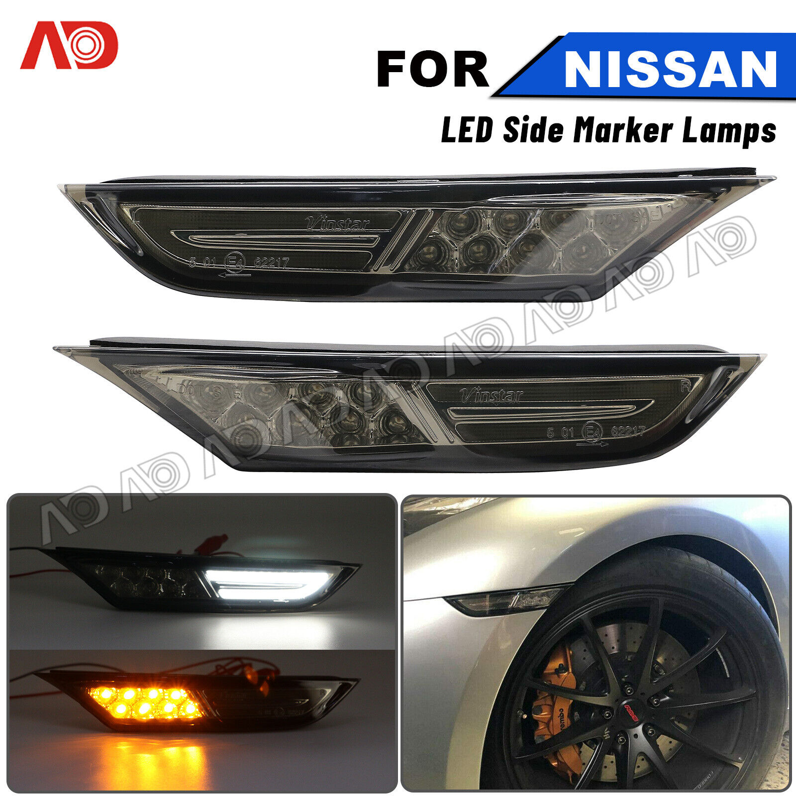 For 07-18 Nissan GTR R35 Smoked LED Side Marker Turn Signal Light White DRL Lamp