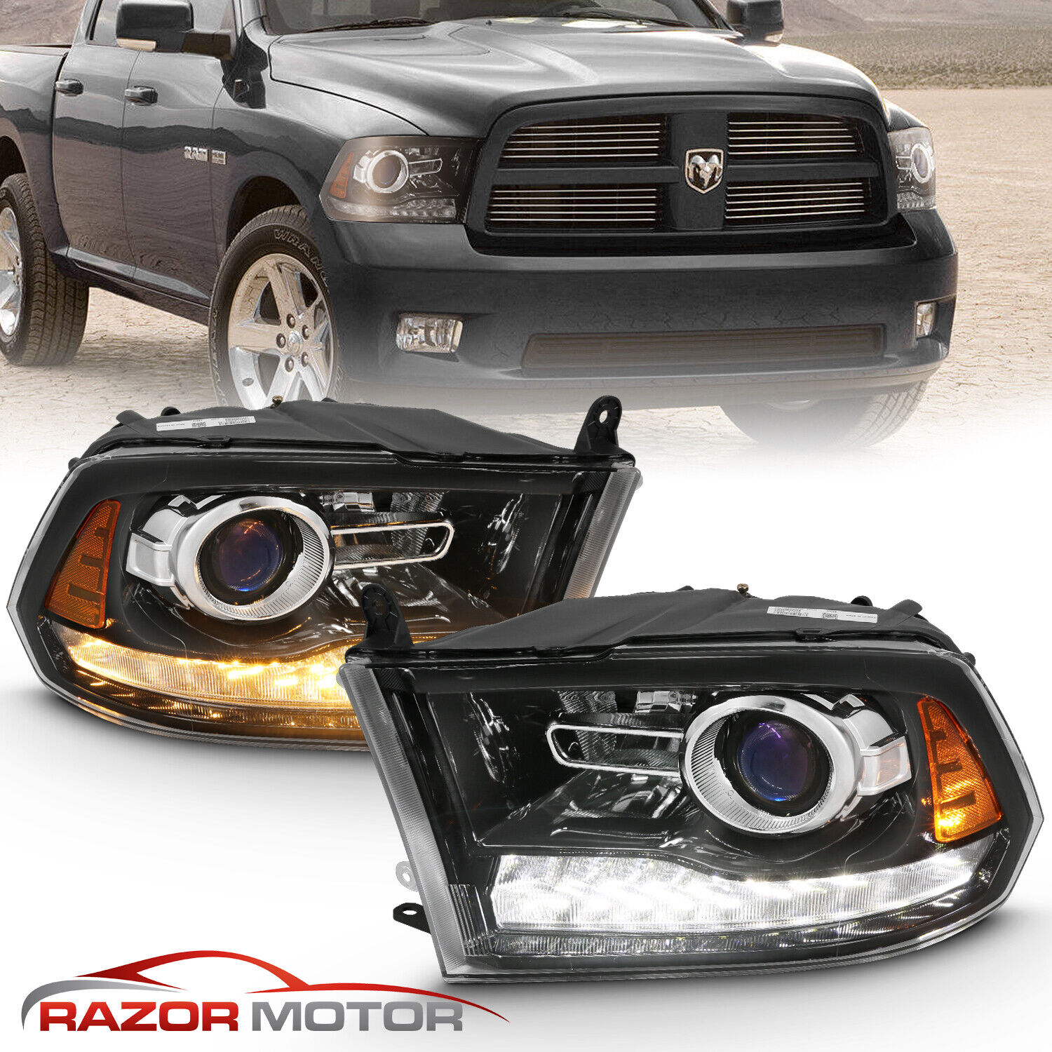 For 2009-18 Dodge Ram 1500 2500 3500 Polished Black LED Bar Projector Headlight