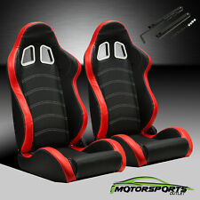 2 x Reclinable Black PVC Main Red Side Left&Right Racing Bucket Seats Slider picture