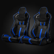 Universal Black/Blue Strip PVC Leather Left/Right Racing Bucket Seats + Slider picture