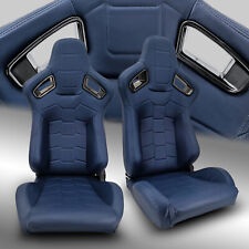 2 x Reclinable Blue PVC Main Leather Left/Right Racing Bucket Seats Slider picture