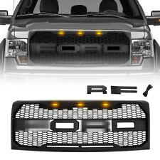 For 2009-2014 Ford F150 Raptor Style Grill W/3 Amber Lights Letters Matte Black picture