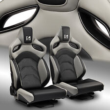 Reclinable PVC Racing Seats Universal Car Seat Black-Grey Full Set w/Sliders picture