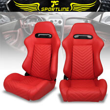 Universal Pair Reclinable Racing Seats + Dual Slider Red PU Leather V Stitch picture